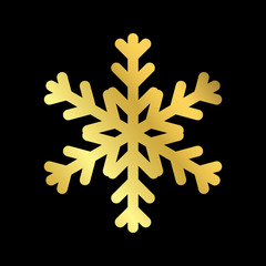 Gold Christmas snowflake icon. Golden silhouette snow flake sign isolated on black background. Elegant design for card, greeting, decoration. Shine texture. Symbol of winter Vector illustration