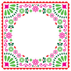 Folk vector greeting card, Mexican style wedding or party invitation, floral pink and green design 