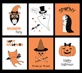 Set of hand drawn templates for Halloween greeting cards, invitations, posters, in orange, black and white, with cute cartoon characters and text.