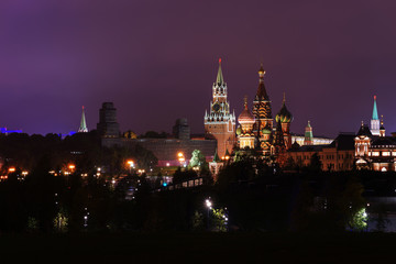 Fototapeta na wymiar Night Moscow city and Kremlin under dark violet sky