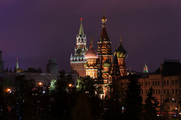 Fototapeta na wymiar Night Moscow city and Kremlin under dark violet sky
