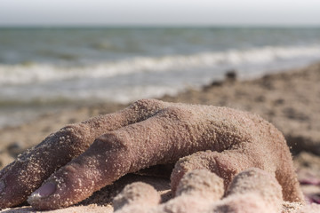 Closeup on human hands  in the sand on the sea background. 