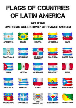 Set of flags of Latin America countries and dependent territories from brush strokes in grunge style isolated on white background. Vector illustration