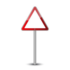 Triangle warning sign blank. Danger red triangular road sign isolated on white background. Guidepost metal pole. Empty roadsign blank. Glossy icon. Street triangle sign. Vector illustration