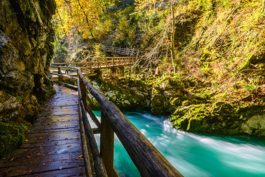 Vintgar gorge and wooden path near Bled, Slovenia