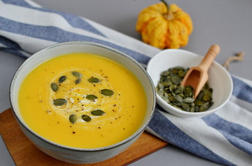 Pumpkin Cream-soup with Croutons Autumn Concept Healthy Food