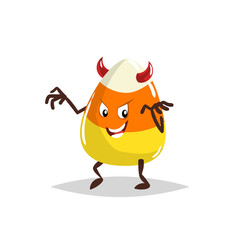 Cartoon candy corn devil costumed character. Halloween humanized sweet symbol for party poster and decoration.
