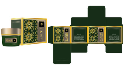 Label on packaging container with green and gold luxury box design template and mockup box. Illustration vector