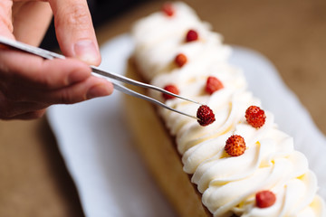 Female hands decorating cake