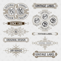 Old vintage floral elements - ribbons, monograms, stripes, lines, angles,border, frame,label, logo - vectors