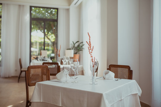 Branch in vase on restaurant table