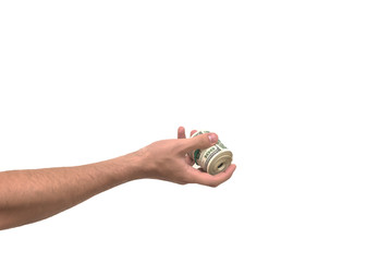 A man holds a bundle of money in his hand tied with an elastic band