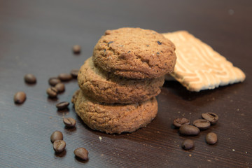 Biscuit sweet cookie background. Domestic stacked cereal biscuit pattern, close up macro.