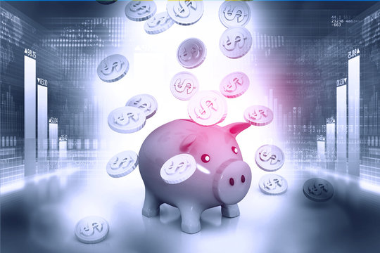 Piggy bank on abstract business background, 3d illustration .