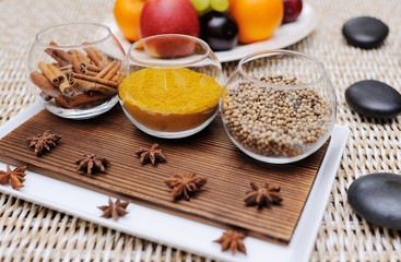 spices in a beautiful dish in Spa salon close up