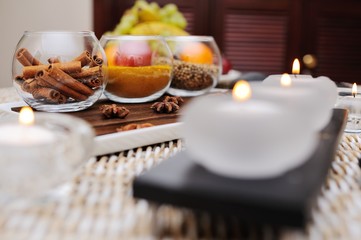 spices - turmeric, star anise, cinnamon, cloves, allspice Spa. Aromatherapy, stone therapy.