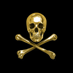 Golden Skull and Crossbones, 3D, Isolated Against a Black Background.