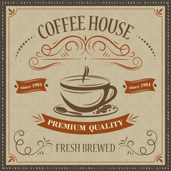 Coffee house retro vector background. Premium quality. Fresh brewed.