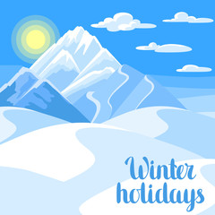 Winter holidays illustration. Beautiful landscape with snowy mountains and sun