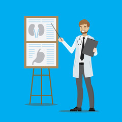 cartoon doctor with presentation stand
