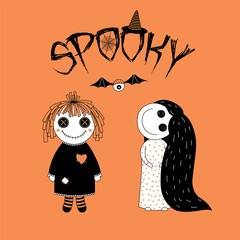 Hand drawn vector illustration of funny spooky cartoon girls, a rag doll with stitched mouth, and a girl in a night gown with a big smile and very long hair, with text.