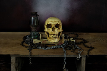 Skull and Lantern on the plank in Halloween dark night (Liberation Spirit in Halloween night)