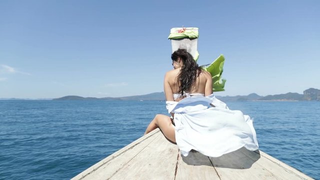 Beautiful Woman Sitting On Thailand Boat Nose, Back Rear View Of Young Sexy Girl Slow Motion 120