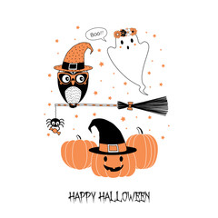 Hand drawn vector illustration of a funny owl on a broomstick, spider holding candy, ghost in a flower chain, pumpkin, text Happy Halloween.