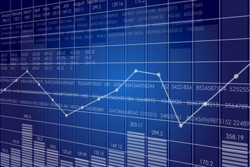 Vector business theme illustration. Background with graphs and figures. A digital panel with a distorted perspective.