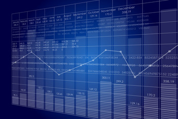 Vector business theme illustration. Background with graphs and figures. A digital panel with a distorted perspective.