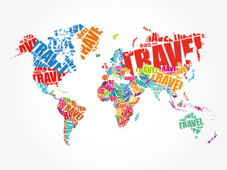 TRAVEL word in shape World Map Typography, words cloud business concept background
