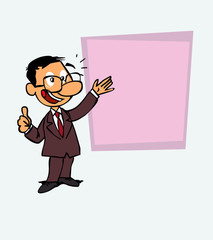 Happy asian businessman makes the gesture of ok. Is showing, as in a presentation, the data you want.