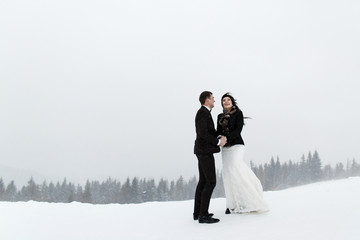 Wedding winter, bride and groom walking at winter wedding day