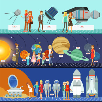 People In The Planetarium Set, Innovation Education Museum Horizontal Vector Illustrations