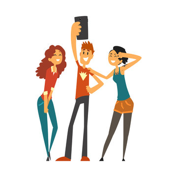 Group of happy young people taking selfie photo cartoon vector Illustration