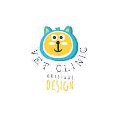 Vet clinic logo template original design, colorful badge with cat hand drawn vector Illustration