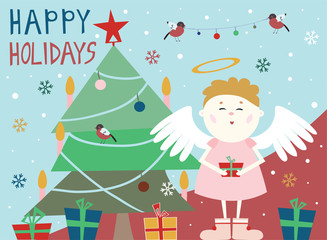 Angel near a Christmas tree with gift box. Greeting card for new year or Christmas. Flat vector illustration.