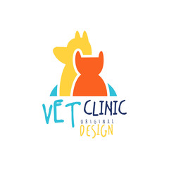 Vet clinic logo template original design, badge with cat and dog, colorful hand drawn