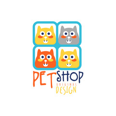 Pet shop logo template original design, colorful badge with cute cats, hand drawn vector Illustration