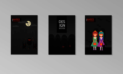 Set of 3 flat card for halloween party. Vector illustration.