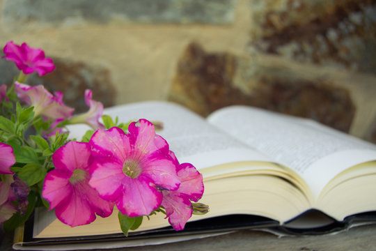 Old book and bouquet of flowers. Open book with pink flowers. Vintage style. Summer or spring season. Nostalgic vintage background. Old book with romantic pink flowers.