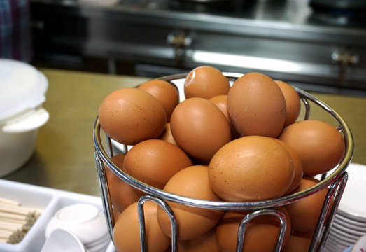 Close up of eggs in a basket of a breakfast shop