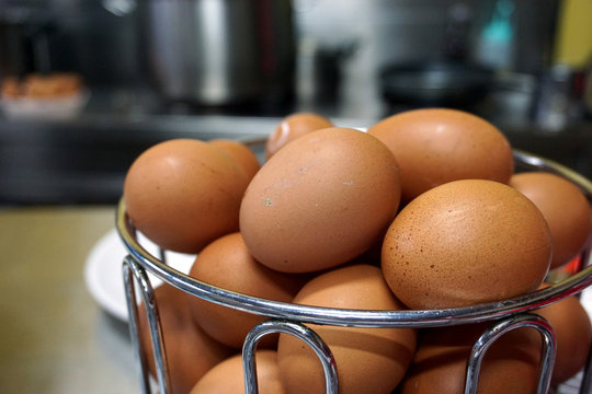 Close up of eggs in a iron basket