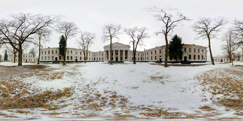 Fototapeta na wymiar Winter panorama near ancient medival castle . Full spherical 360 by 180 degrees seamless panorama in equirectangular projection. Skybox for Virtual reality content