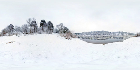 Winter panorama in the snow-covered forest near the river. Full spherical 360 by 180 degrees...