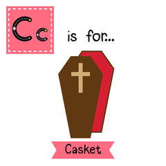 Cute children ABC alphabet C letter tracing flashcard of Casket for kids learning English vocabulary in Happy Halloween Day theme.