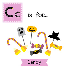 Cute children ABC alphabet C letter tracing flashcard of Candy for kids learning English vocabulary in Happy Halloween Day theme.