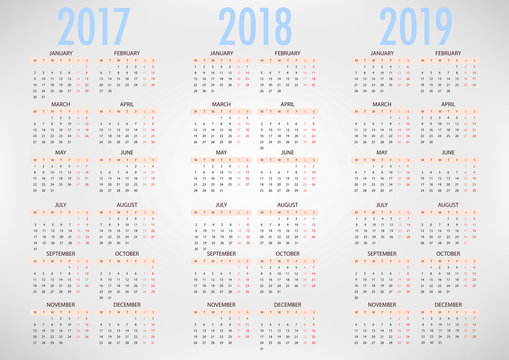 Calendar for 2017 2018 2019 on white background.