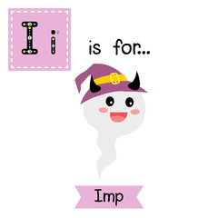 Cute children ABC alphabet I letter tracing flashcard of white Imp with witch hat for kids learning English vocabulary in Happy Halloween Day theme.