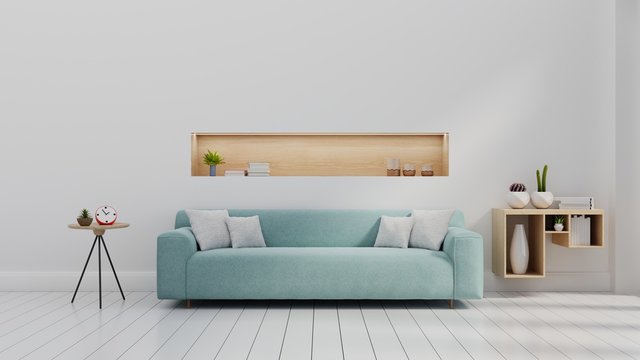 Interior with sofa blue and white color wall ,3d rendering